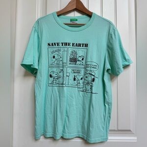 Benetton Mint Green Peanuts Snoopy Save The Earth Recycling Cotton T Shirt. L